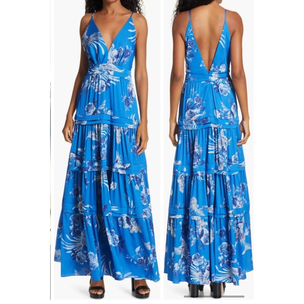Iorane Blue Bird Long Dress Tiered Maxi Skirt Floral V-Neck Elegant Medium NWT